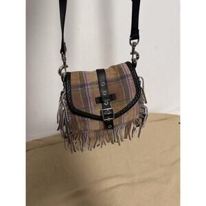 AIMEE Crossbody Bag Womens Small Brown Plaid Wool Leather Fringe Buckle Boho